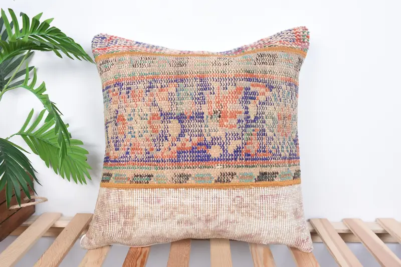 Outdoor Bolster Cushion Case, Shabby Chic Pillow Cover, 20x20 Beige Pillow, Gift Pillow, Pillow Sham, Turkish Kilim Pillow, Interior Designer Pillow - 1