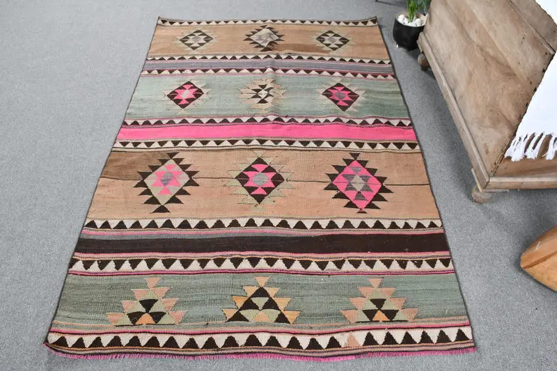 Green & Orange Rug, 4,3x6,6 ft Floral & Geometric