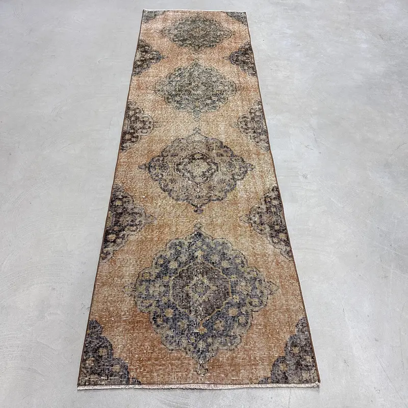Turkish Vintage Rug, 2.6x9.3 ft Oushak Rug, Brown Patchwork Wool Rug - 1