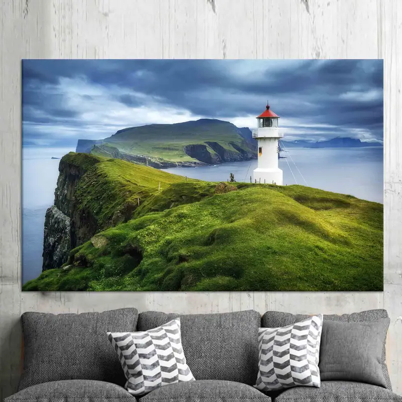 Mykines-Leuchtturm-Leinwand: Meereslandschaftsdruck der Färöer-Inseln