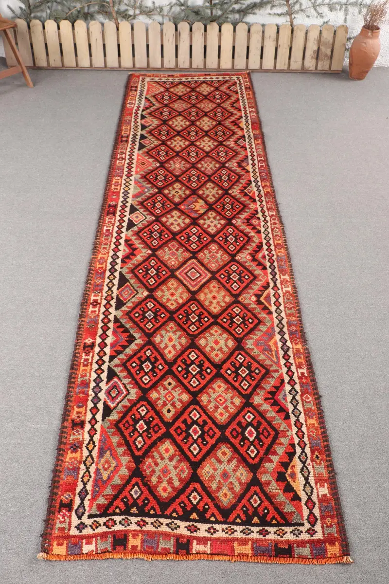 Handmade Orange Rug, 3,1x11,1 ft Geometric Floral