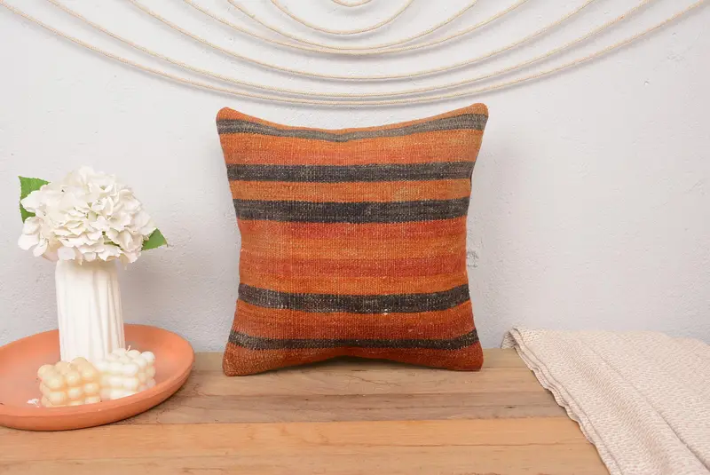 Interior Designer Pillow, Boho Pillow Sham Cover, Toss Pillow, Traditional Pillow Case, Pillow, Kilim Pillow, 16x16 Orange Pillow Cover - 2
