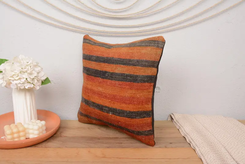 Interior Designer Pillow, Boho Pillow Sham Cover, Toss Pillow, Traditional Pillow Case, Pillow, Kilim Pillow, 16x16 Orange Pillow Cover - 4