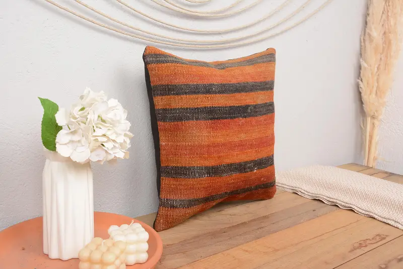 Interior Designer Pillow, Boho Pillow Sham Cover, Toss Pillow, Traditional Pillow Case, Pillow, Kilim Pillow, 16x16 Orange Pillow Cover - 1