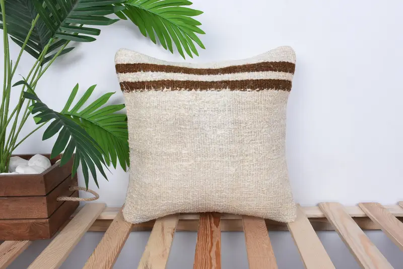 Cushion, Ethnical Kilim Rug Pillow, Outdoor Bolster Pillow Sham, 14x14 Beige Pillow Sham, Ikat Pillow Cover, Kilim Cushion Sham, Gift Pillow - 1