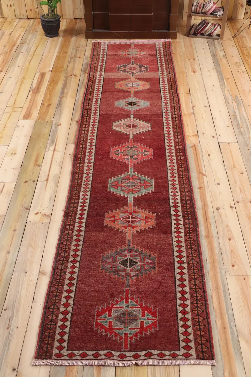 2.7x11.9 ft Türk Vintage Halı, Yolluk Halı, Herki Kırmızı Yün Halı - 1