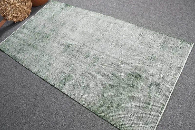 3.5x6.7 ft Halı, Vintage Türk Halısı, Yeşil Gri Bordürlü Yün Halı - 1