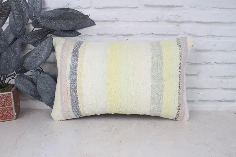 Turkish Kilim Pillow, 12x20 White Pillow, Antique Pillows, Vintage Pillow, Authentic Pillow, Pillow Cover, Turkish Bench Pillow Sham - 1
