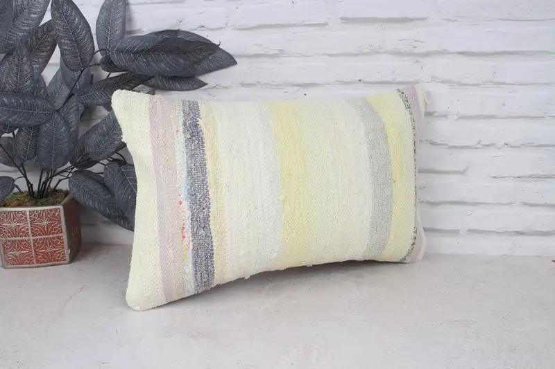 Turkish Kilim Pillow, 12x20 White Pillow, Antique Pillows, Vintage Pillow, Authentic Pillow, Pillow Cover, Turkish Bench Pillow Sham - 3