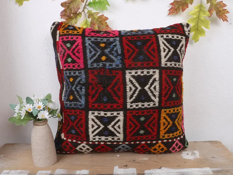 Rot & Rosa besticktes Wurfkissen, 18x18 Vintage Kissen