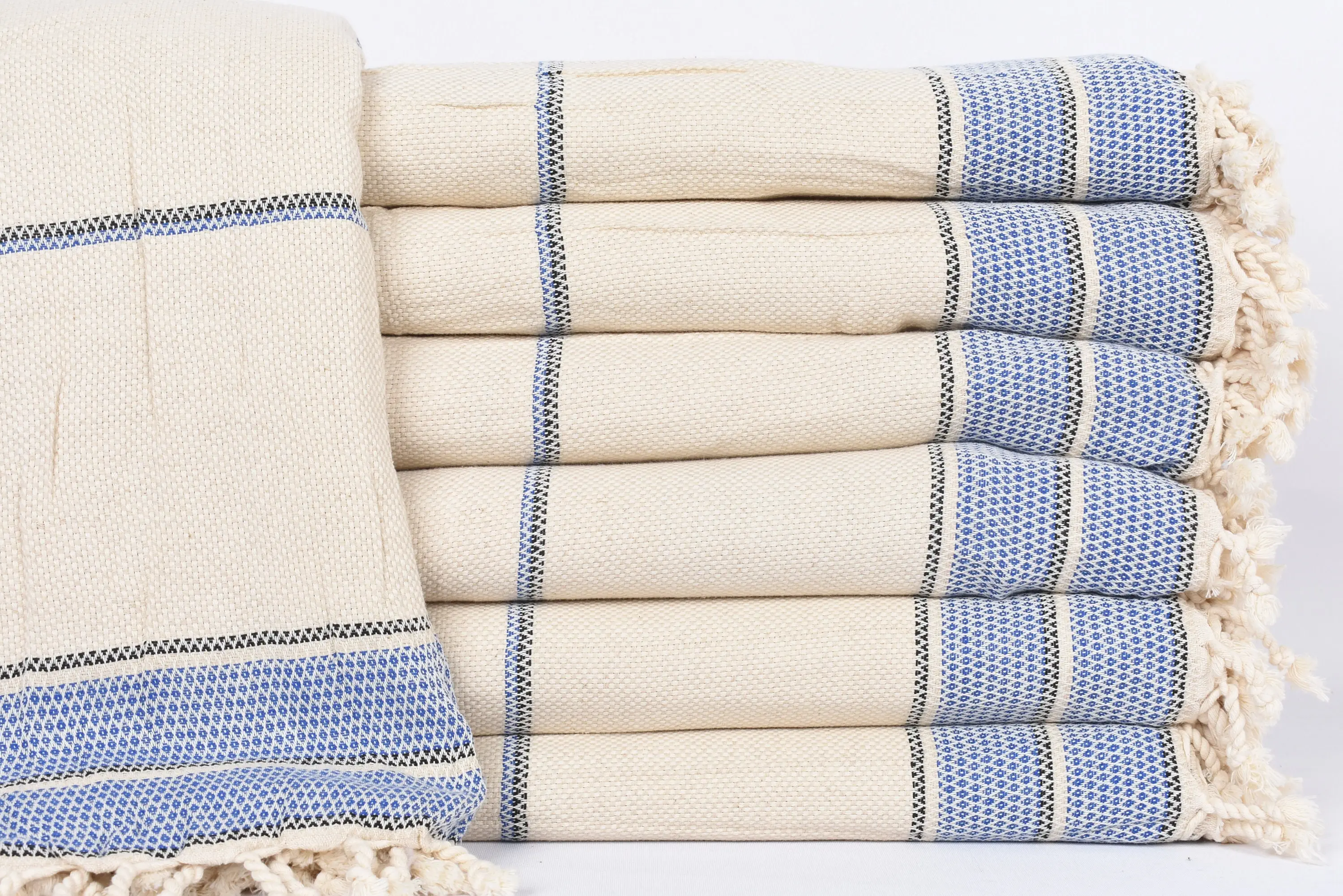 Sax Blue Striped Turkish Cotton Throw Blanket, 103x95 Inches - 1