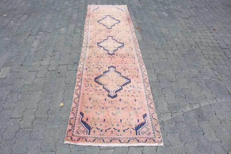 2.5x9.4 ft Vintage Turkish Rug, Runner Rug, Oushak Blue Wool Rug - 1