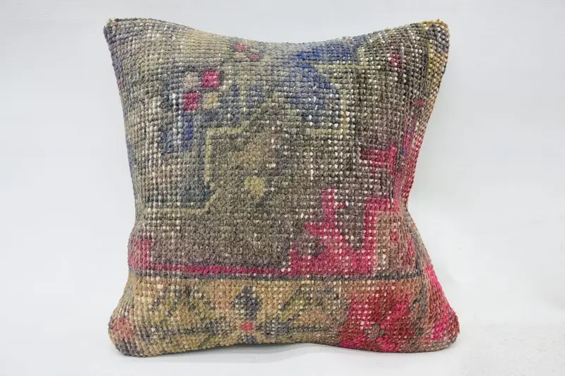 Vintage kleines quadratisches geometrisches Kissen, Wolle Antik 30x30 cm Beige Kissen - 1