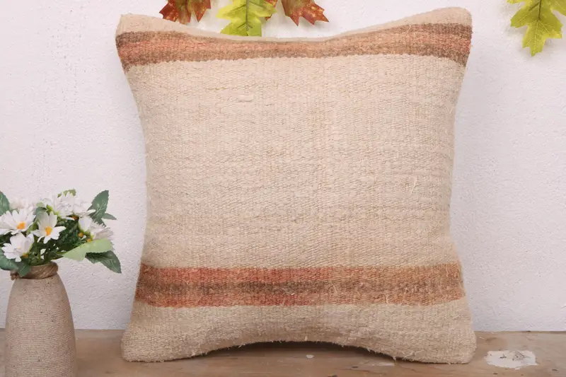 Handmade Kilim Cushion, Throw Kilim Pillow, Ethnical Kilim Rug Pillow, Cushion Cover, 16x16 Beige Pillow Cover, Anatolian Cushion Cover - 2