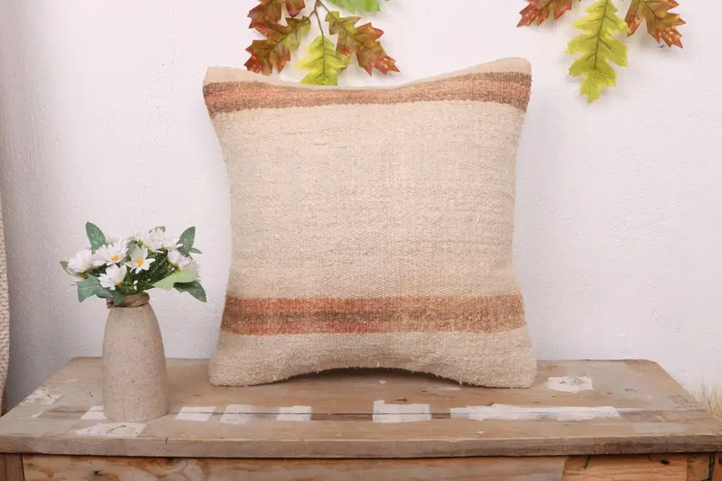 Handmade Kilim Cushion, Throw Kilim Pillow, Ethnical Kilim Rug Pillow, Cushion Cover, 16x16 Beige Pillow Cover, Anatolian Cushion Cover - 1