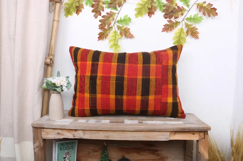 Red & Brown Striped Throw Pillow, Handmade Linen & Wool Pillow