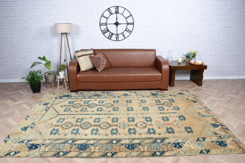 Vintage Büyük Halı 6,3x9,6 ft, Mavi Kahverengi Hayvan Baskı Yün Halı - 1