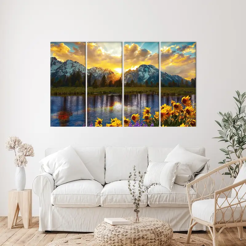 Sunset Canvas Art, Mountain Landscape, Flower Art Decor, Sunflower Art, Yellow Wall Hanging , Home Art Decor, Landscape Art, Modern Art - 3