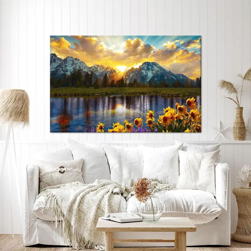 Sunset Canvas Art, Mountain Landscape, Flower Art Decor, Sunflower Art, Yellow Wall Hanging , Home Art Decor, Landscape Art, Modern Art - 1