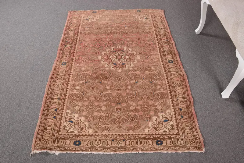 Vintage Oushak Rug 3.6x5.4 ft, Brown Blue Animal Print Wool Turkish Rug - 1