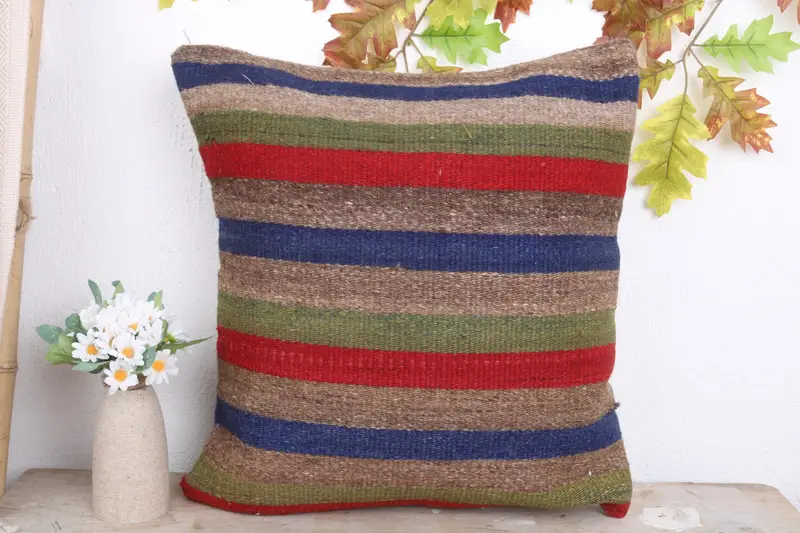Kilim Pillow, Vintage Kilim Pillow, Sustainable Pillow Sham, Cushion, Gift Pillow, 18x18 Blue Pillow Case, Kilim Rug Pillow Sham - 2