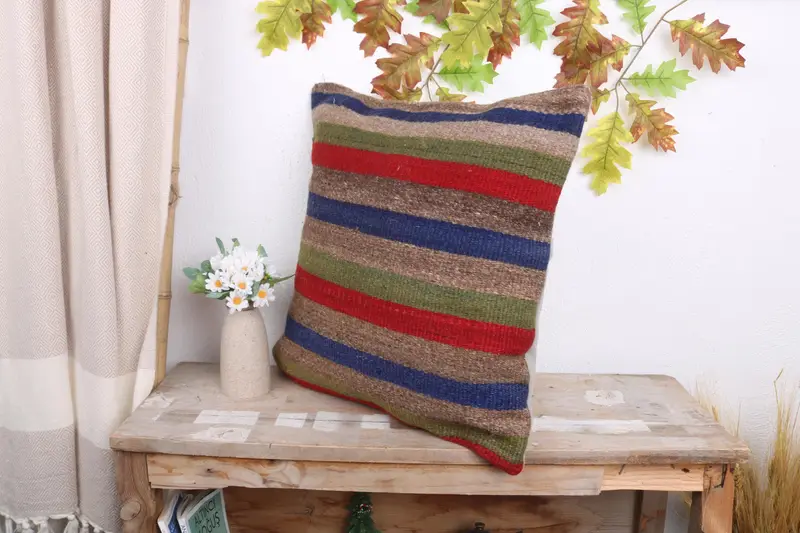 Kilim Pillow, Vintage Kilim Pillow, Sustainable Pillow Sham, Cushion, Gift Pillow, 18x18 Blue Pillow Case, Kilim Rug Pillow Sham - 4