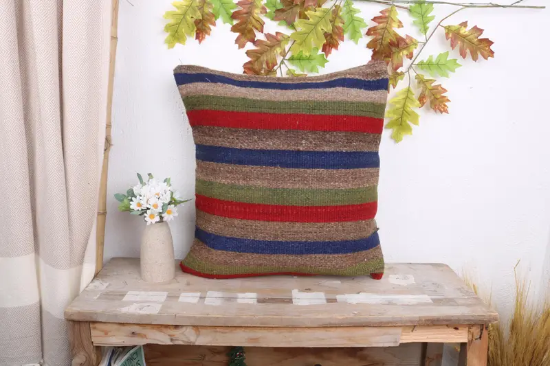 Kilim Pillow, Vintage Kilim Pillow, Sustainable Pillow Sham, Cushion, Gift Pillow, 18x18 Blue Pillow Case, Kilim Rug Pillow Sham - 1