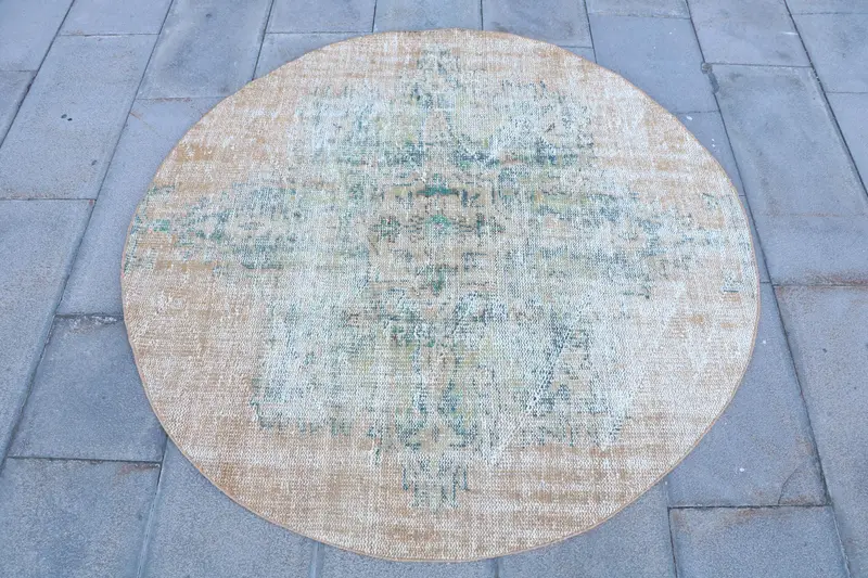 Green & Orange Rug, 4.5x4.5 ft Botanical Design