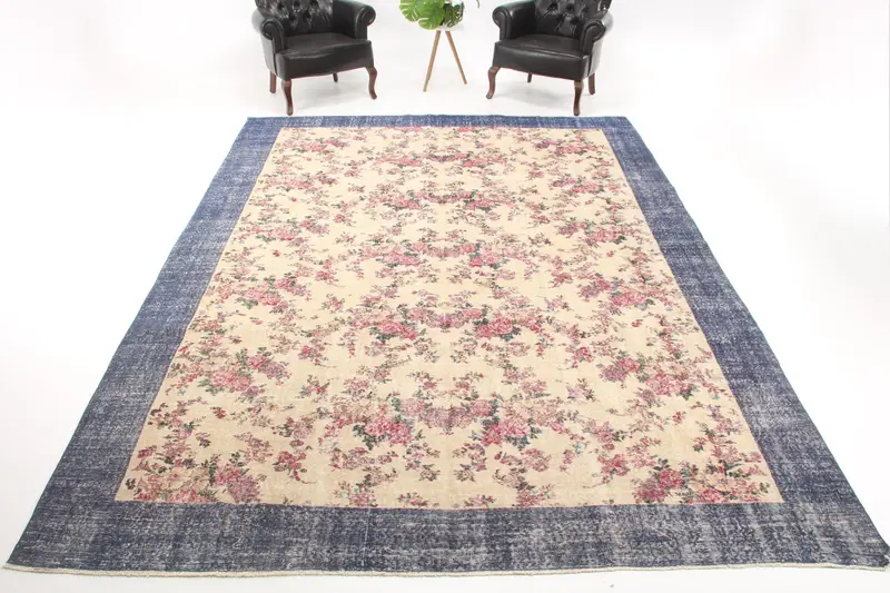 8.8x12.1 ft Oversize Turkish Rug, Blue Ikat Vintage Rug - 1