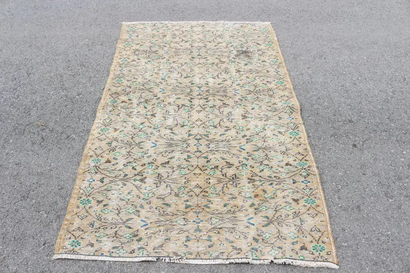 3,8x6,4 ft türkischer Teppich, Vintage-Teppich, braun-blauer Patchwork-Wollteppich - 1