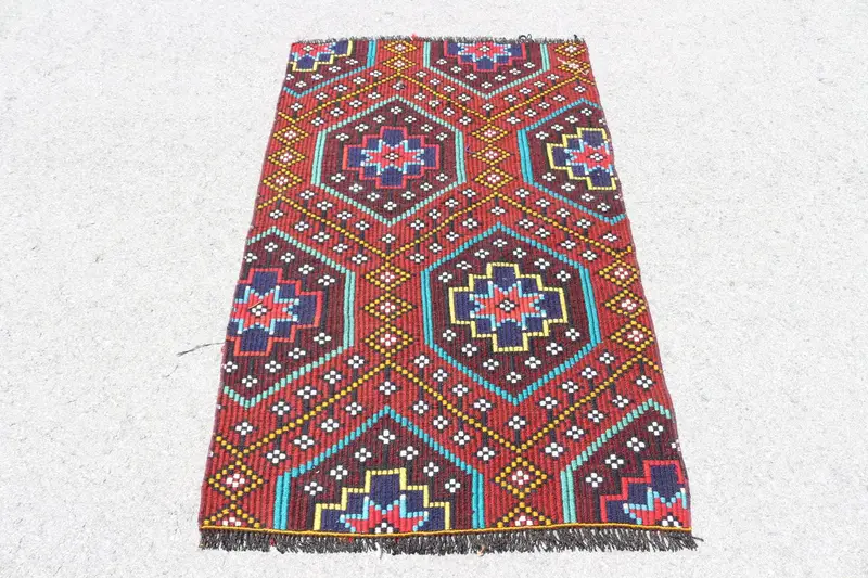 Vintage Turkish Small Rug 2.9x4.9 ft, Red Blue Abstract Wool Rug - 1