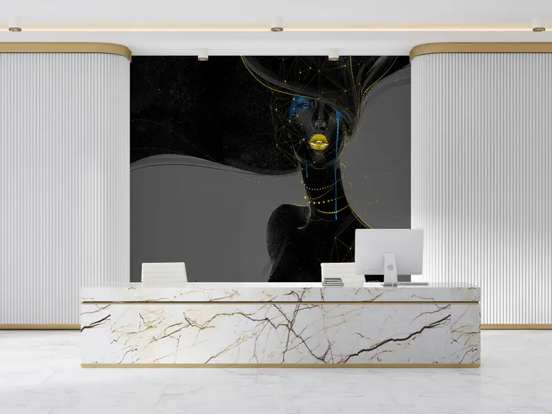 Schwarze Frau mit goldenen Lippen, schwarz -goldener Wand Wandmalerei, schimmernder Wandbild, afrikanischer Frau Wanddruck, goldener Lippenwanddruck, - 8
