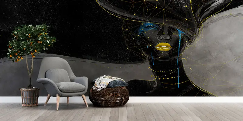 Schwarze Frau mit goldenen Lippen, schwarz -goldener Wand Wandmalerei, schimmernder Wandbild, afrikanischer Frau Wanddruck, goldener Lippenwanddruck, - 3