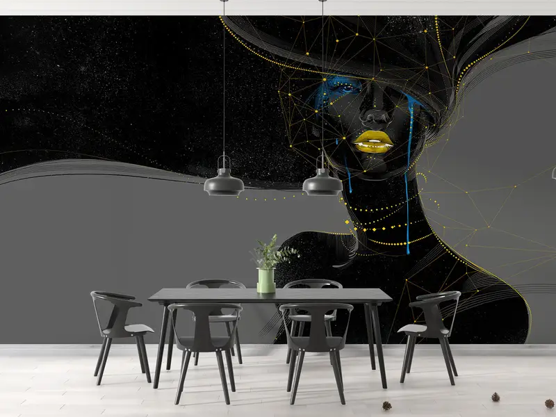 Schwarze Frau mit goldenen Lippen, schwarz -goldener Wand Wandmalerei, schimmernder Wandbild, afrikanischer Frau Wanddruck, goldener Lippenwanddruck, - 9
