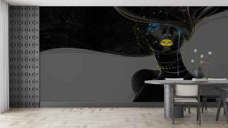 Schwarze Frau mit goldenen Lippen, schwarz -goldener Wand Wandmalerei, schimmernder Wandbild, afrikanischer Frau Wanddruck, goldener Lippenwanddruck, - 1