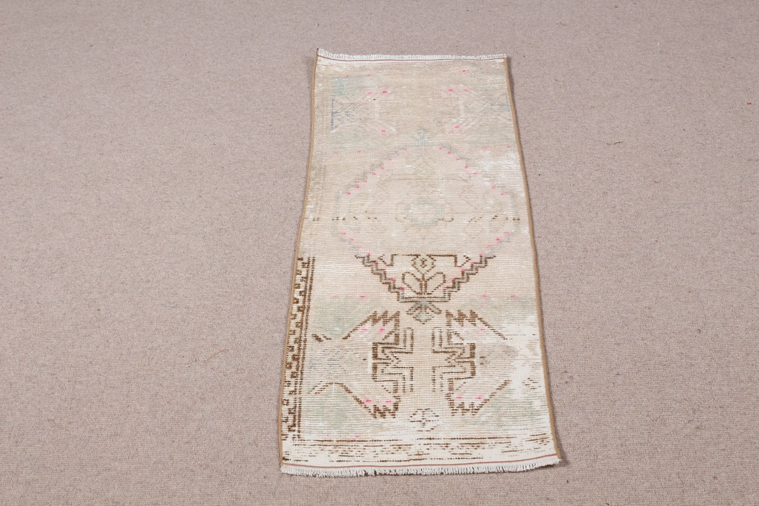 Turkish Vintage Rug, 1.4x3.7 ft Small Rug, White Blue Solid Rug - 1