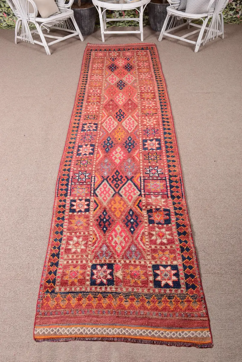 2.7x11.9 ft Runner Turkish Vintage Rug, Red Oriental Wool Rug - 1