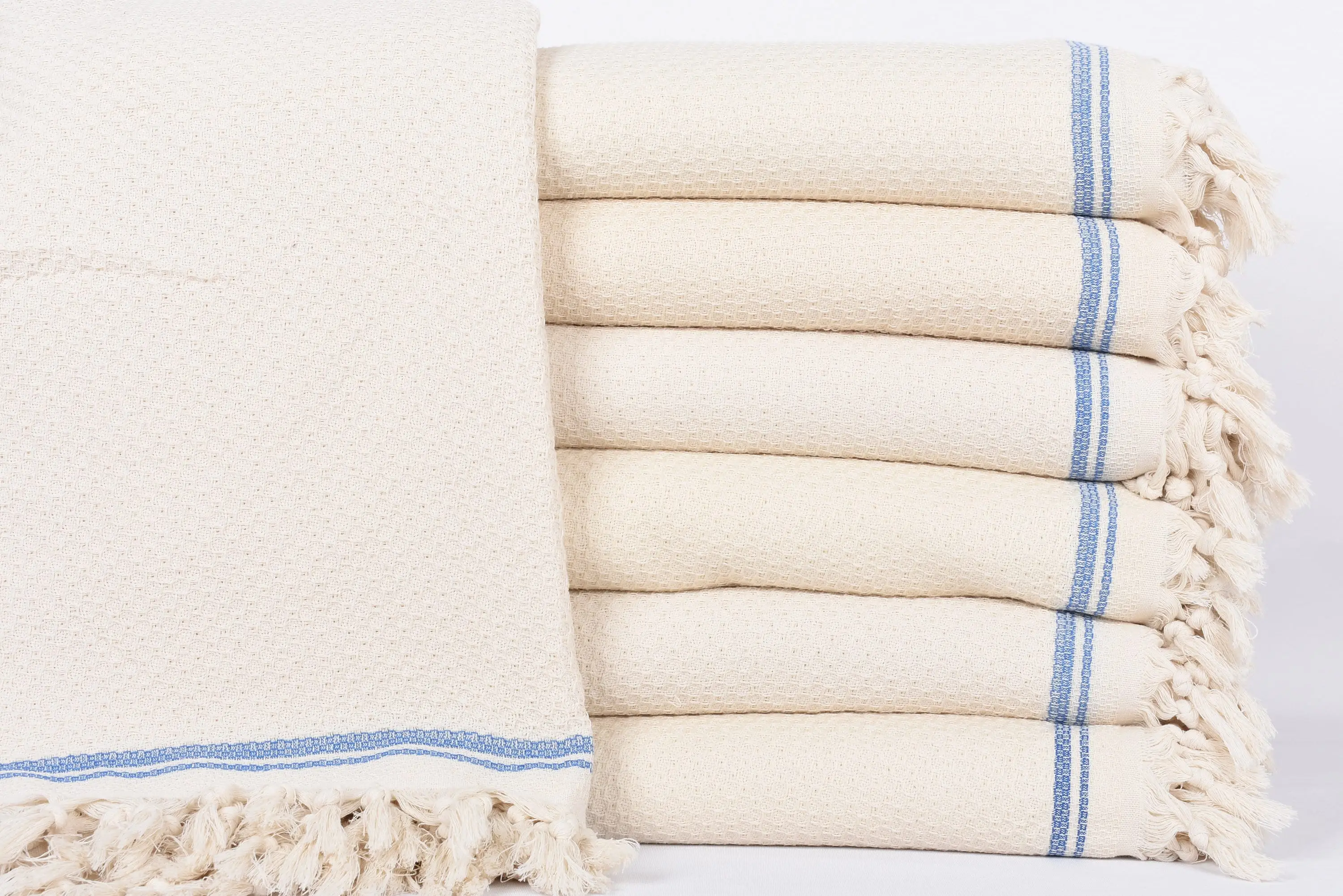 Monogram Blanket Sax Blue Striped, Organic Cotton, 93x91 Inches - 1
