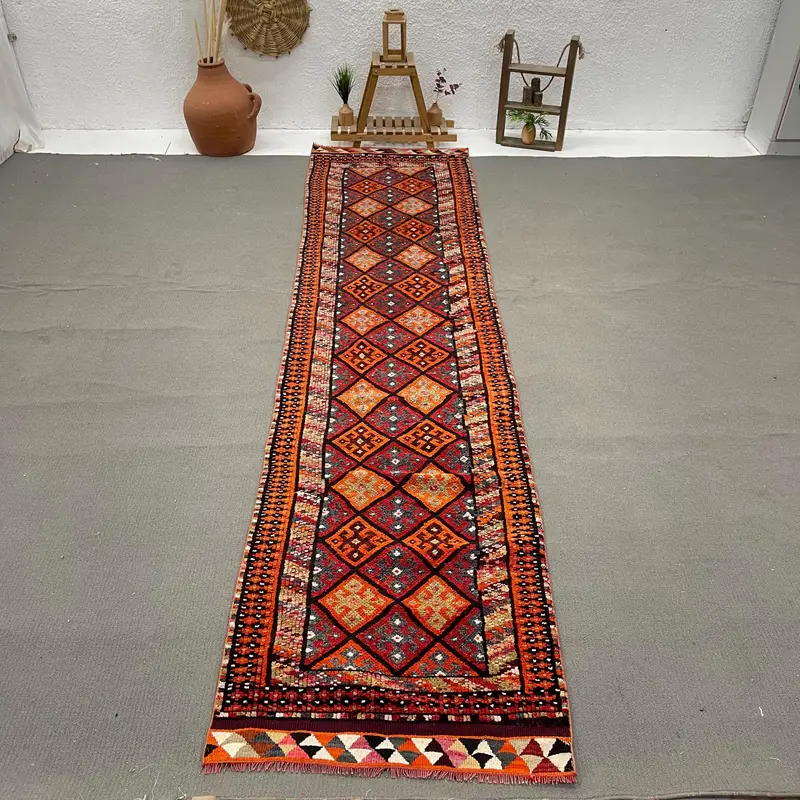 Türk Halısı, Yolluk 3x12.8 ft Vintage Halı, Kırmızı Turuncu Bordürlü Yün Halı - 1