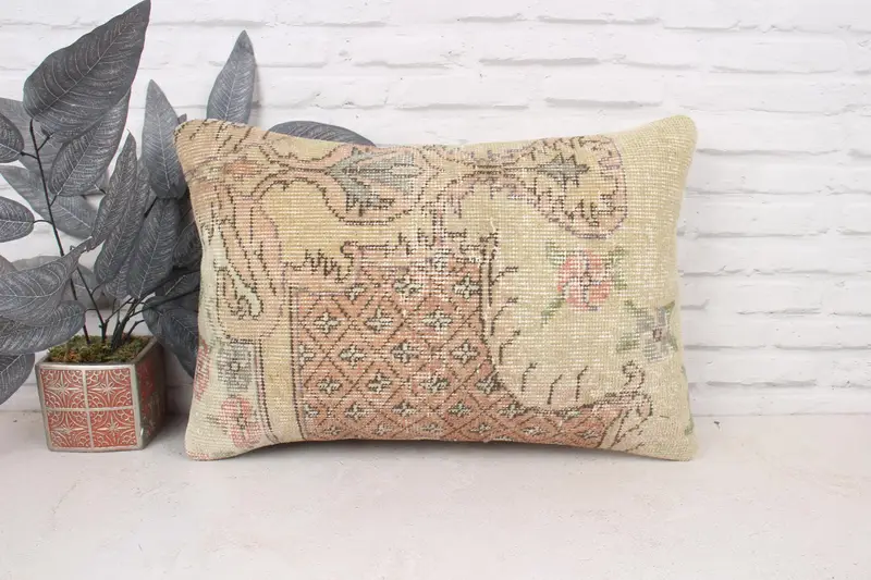 Antique Pillows, Cushion Case, Retro Cushion, Vintage Kilim Pillow, Gift Pillow, Boho Throw Cushion Case, 16x24 Beige Pillow Case - 1