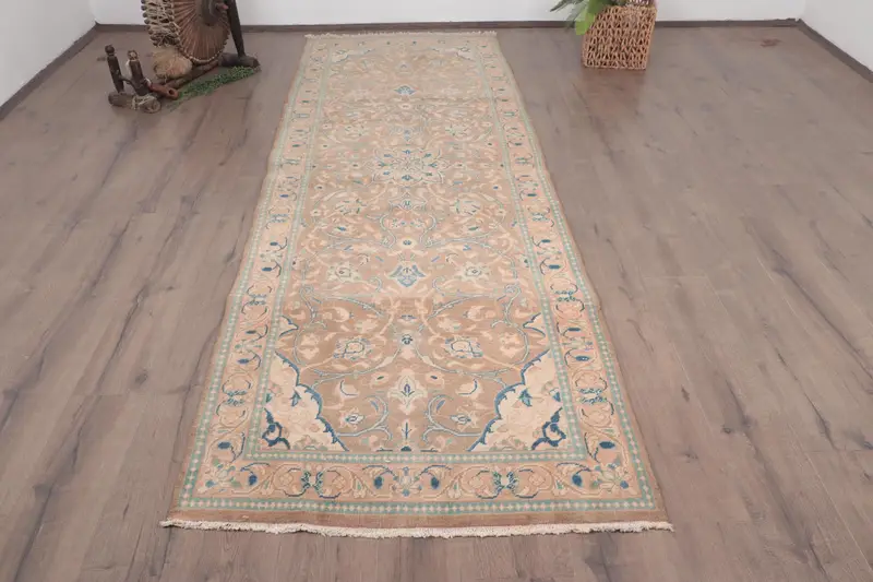 3.37x10.1 ft Vintage Oushak Rug, Blue Bordered Turkish Wool Rug - 1