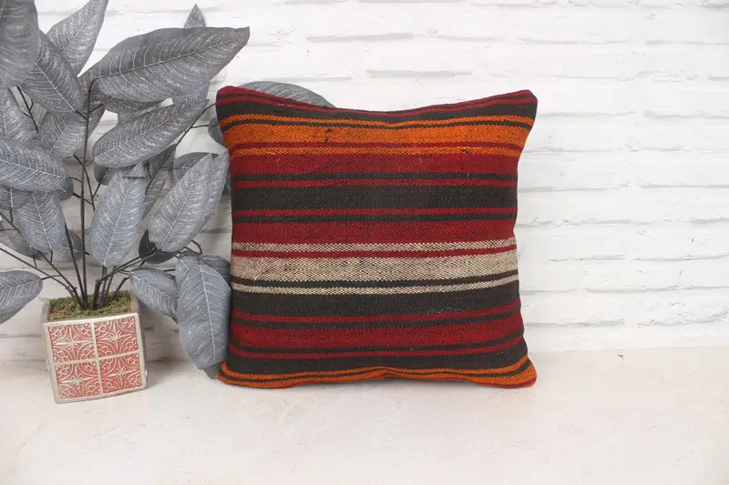 Pillow Case, Boho Chic Pillow Sham, Home Decor Pillow, 16x16 Red Pillow Sham, Boho Pillow Sham Cover, Vintage Kilim Pillow - 1