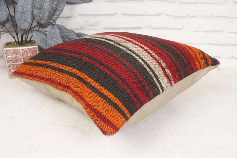 Pillow Case, Boho Chic Pillow Sham, Home Decor Pillow, 16x16 Red Pillow Sham, Boho Pillow Sham Cover, Vintage Kilim Pillow - 6