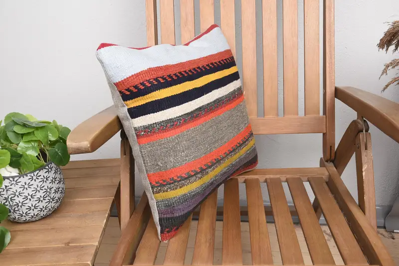 Handmade Kilim Cushion, 16x16 White Pillow Sham, Gift Pillow, Pillow Sham, Sustainable Pillow Sham, Indoor Cushion Cover, Home Decor Pillow - 2
