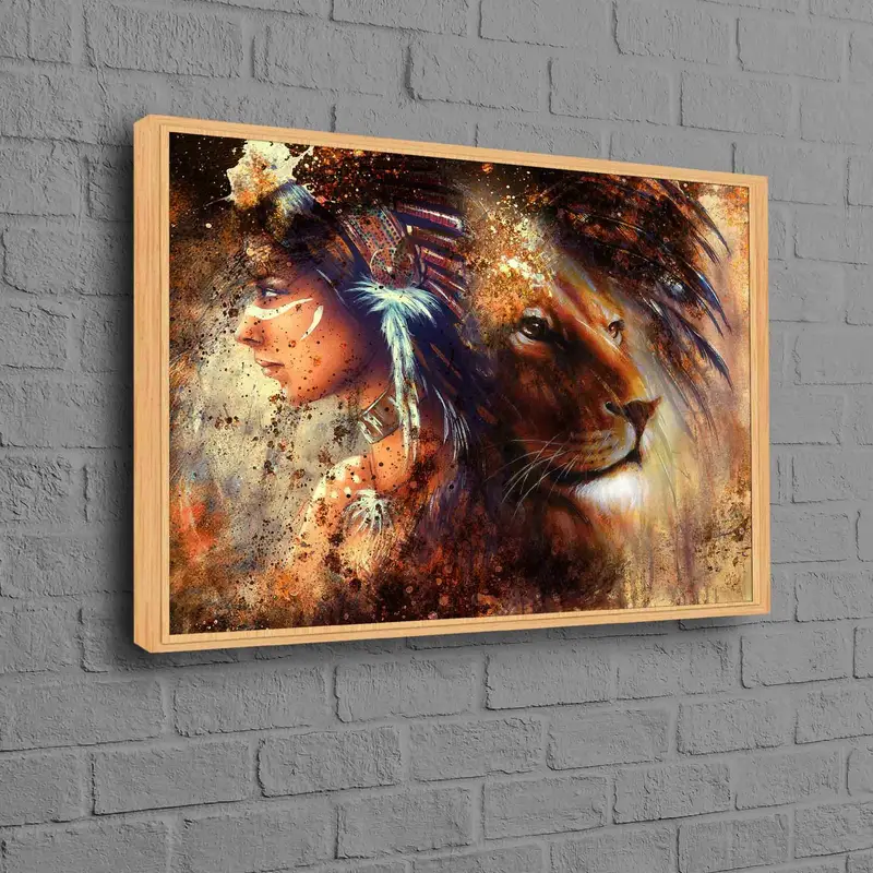 エレガントなネイティブ アメリカンの女性とライオンのキャンバス プリント