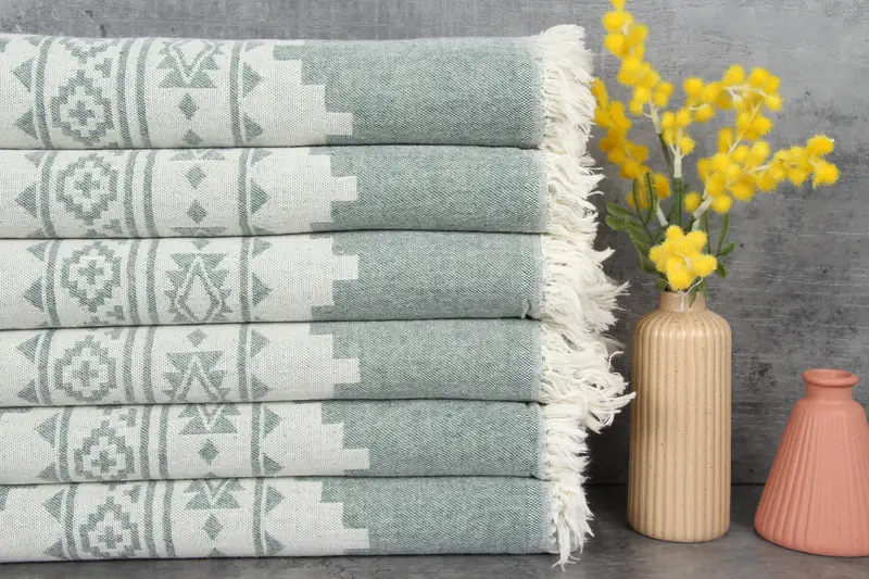 Beach Towel Organic Turkish Cotton Dark Green Aztec, 36x71 Inches
