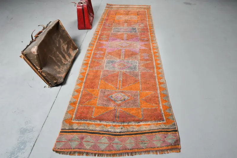 Türk 3.2x10.7 ft Halı, Runner Vintage Halı, Turuncu Gri Çiçekli Halı - 1