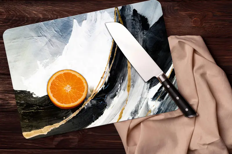 モダンな大理石ガラスまな板、ブラックとゴールドのデザイン