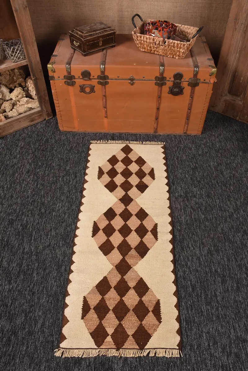 Türk 1.7x4.1 ft Halı, Küçük Vintage Halı, Kahverengi Bordürlü Yün Halı - 1