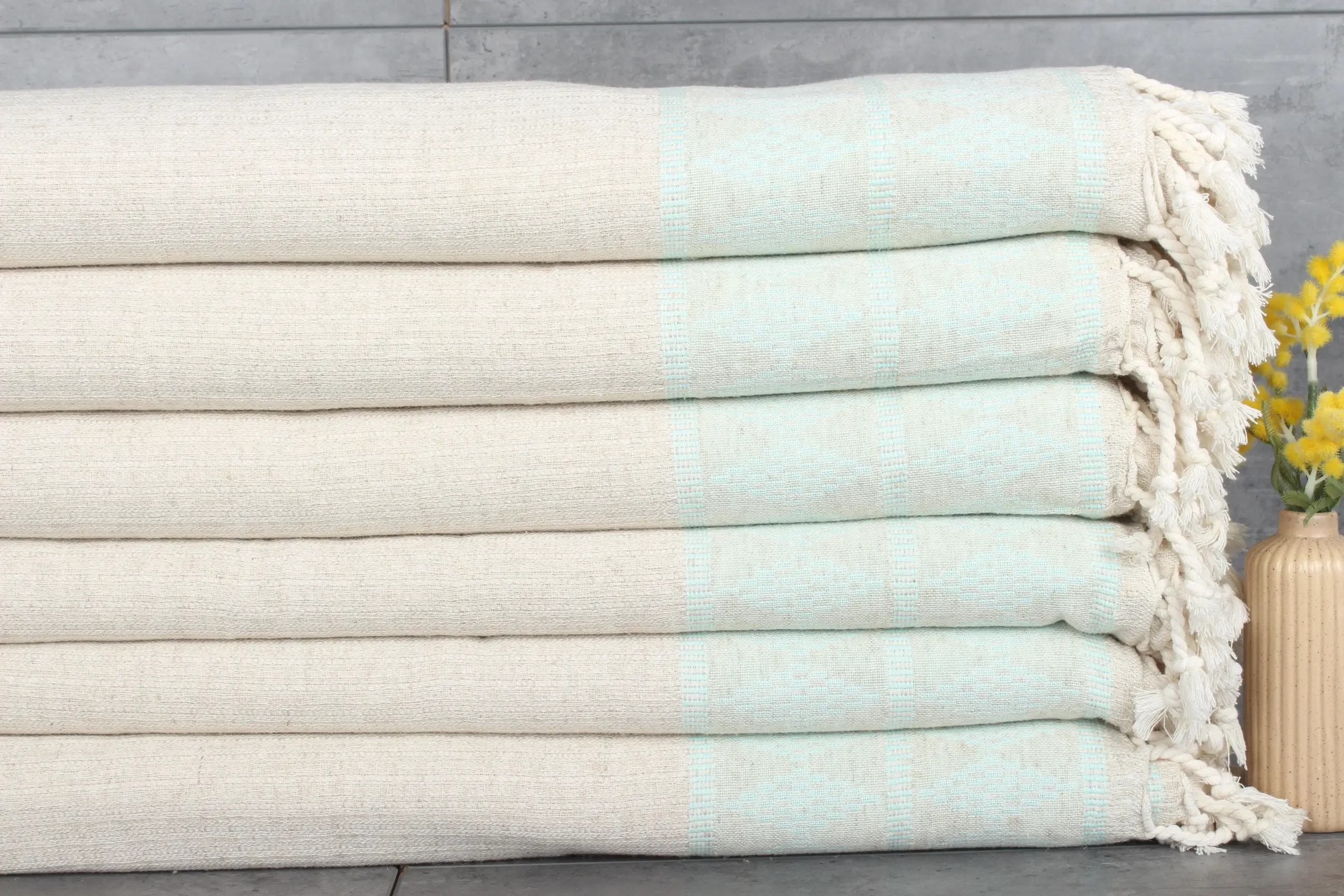 Custom Blanket Mint Linen Throw Kilim Polka Dot, 87x99 Inches - 1